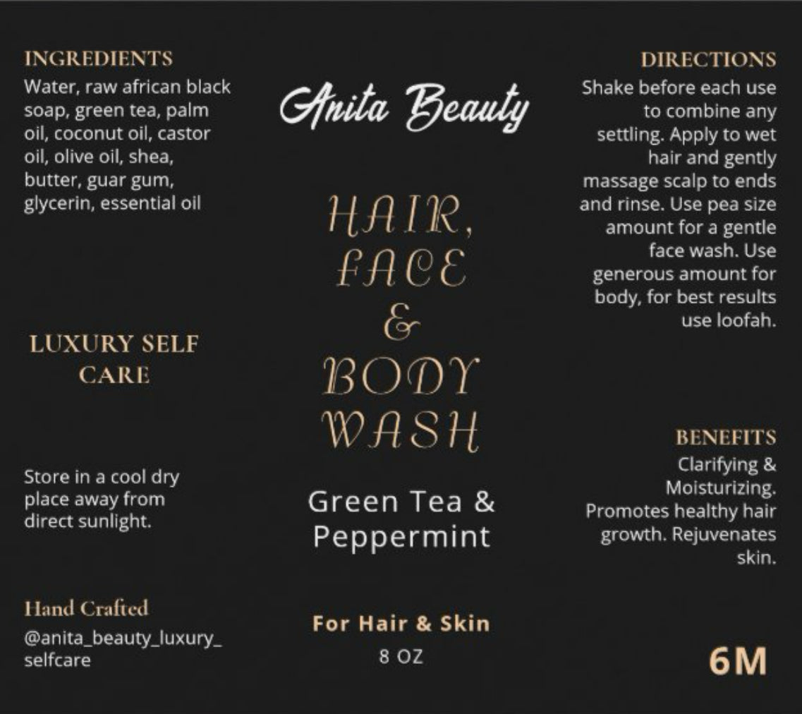 Anita Beauty Hair, Face, & Body Wash, Green Tea & Peppermint (8oz)
