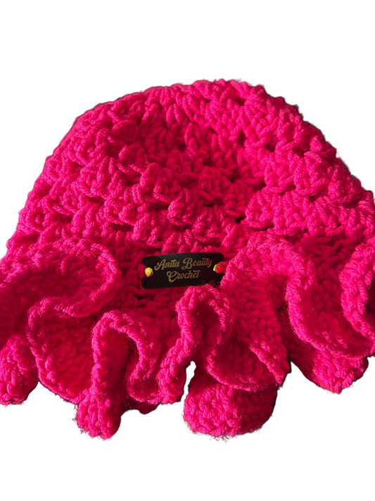 Anita Beauty Handmade Crochet Ruffle Hat (Neon Pink)