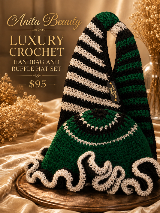 Anita Beauty Handmade Crochet Ruffle Hat & Bag Set. (Green, Black, Light Gray)