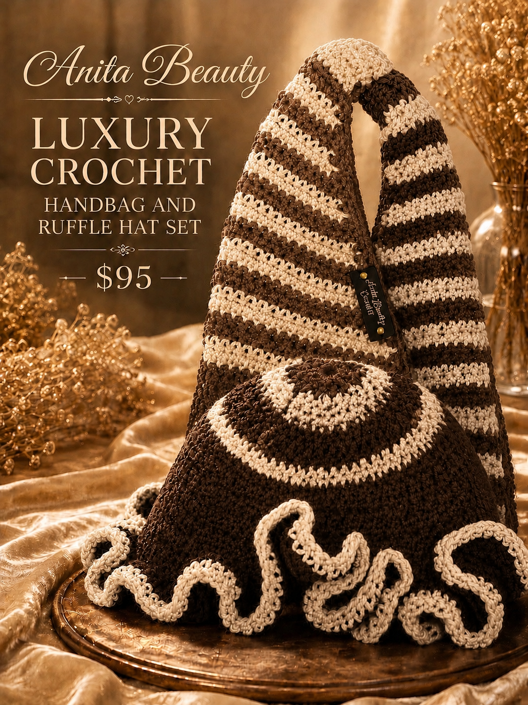 Anita Beauty Handmade Crochet Ruffle Hat & Bag Set. (Green, Black, Light Gray)